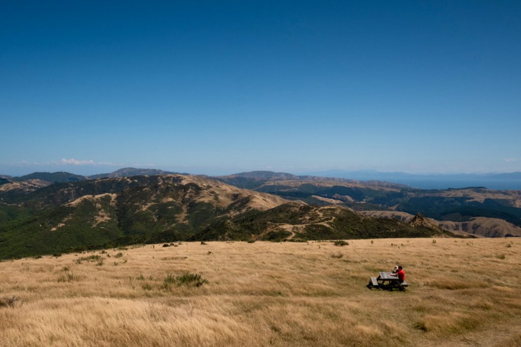 A couple eating their lunch on a picnic bench overlooking beautiful grassy mountains on the Northern Walkway track.