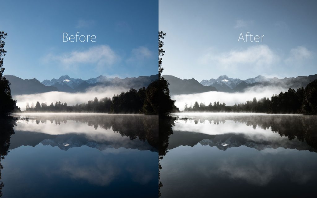 A comparison of two images looking at the before and after of using a Lightroom preset called Captain America one of the best free Lightroom landscape presets.