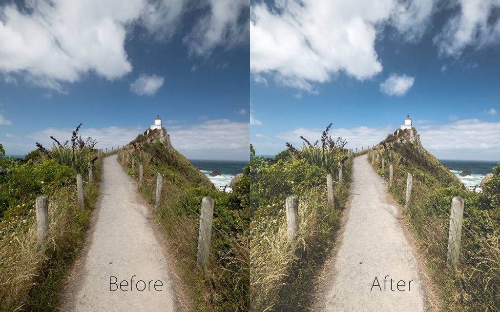 A comparison of two images looking at the before and after of using a Lightroom preset called Driftwood one of the best free Lightroom landscape presets.