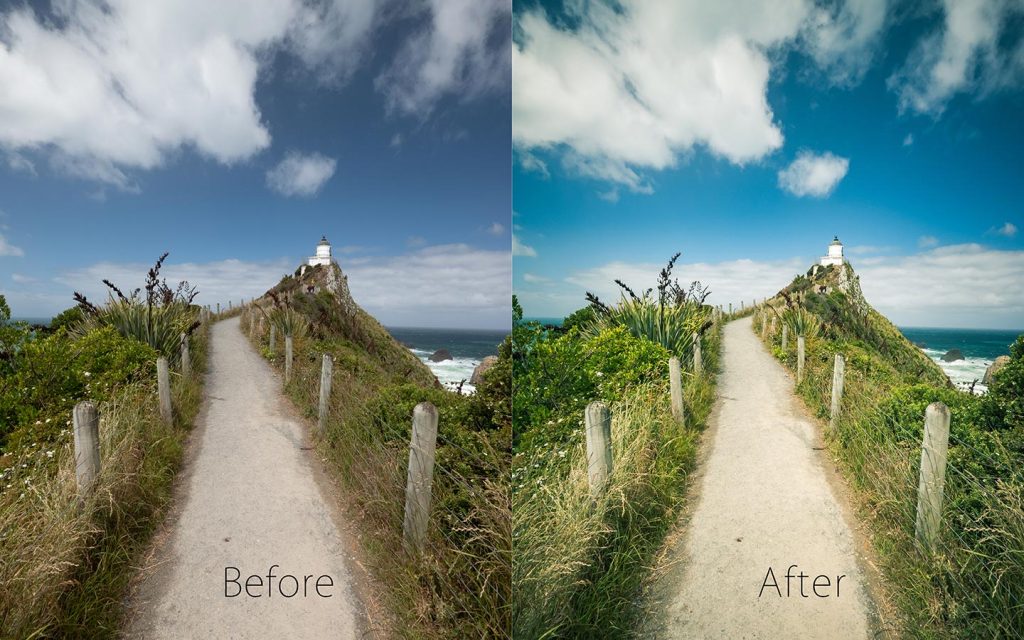 A comparison of two images looking at the before and after of using a Lightroom preset called Valley View one of the best free Lightroom landscape presets.