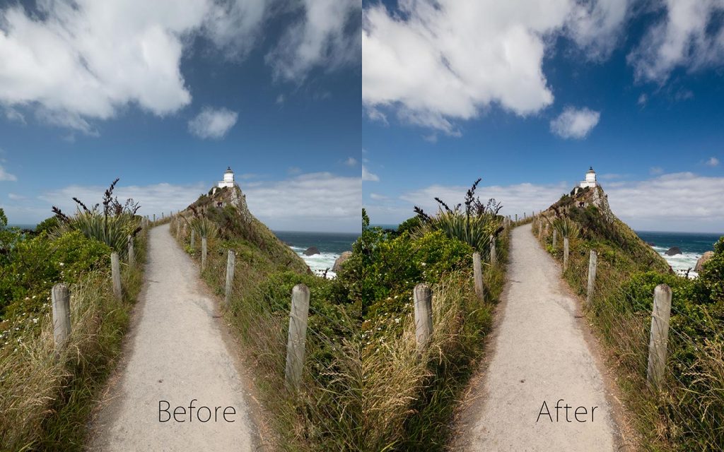 A comparison of two images looking at the before and after of using a Lightroom preset called Vast Landscapes one of the best free Lightroom landscape presets.