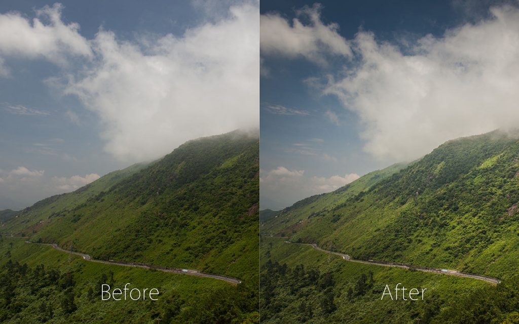 A comparison of two images looking at the before and after of using a Lightroom preset called Very Dynamic one of the best Lightroom landscape presets.