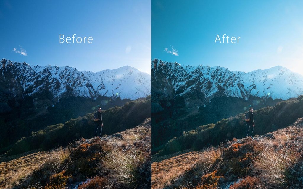 Looking at the difference between an unedited image and an image that has been edited with Adventure which is a Lightroom preset that you can use to improve your photos.