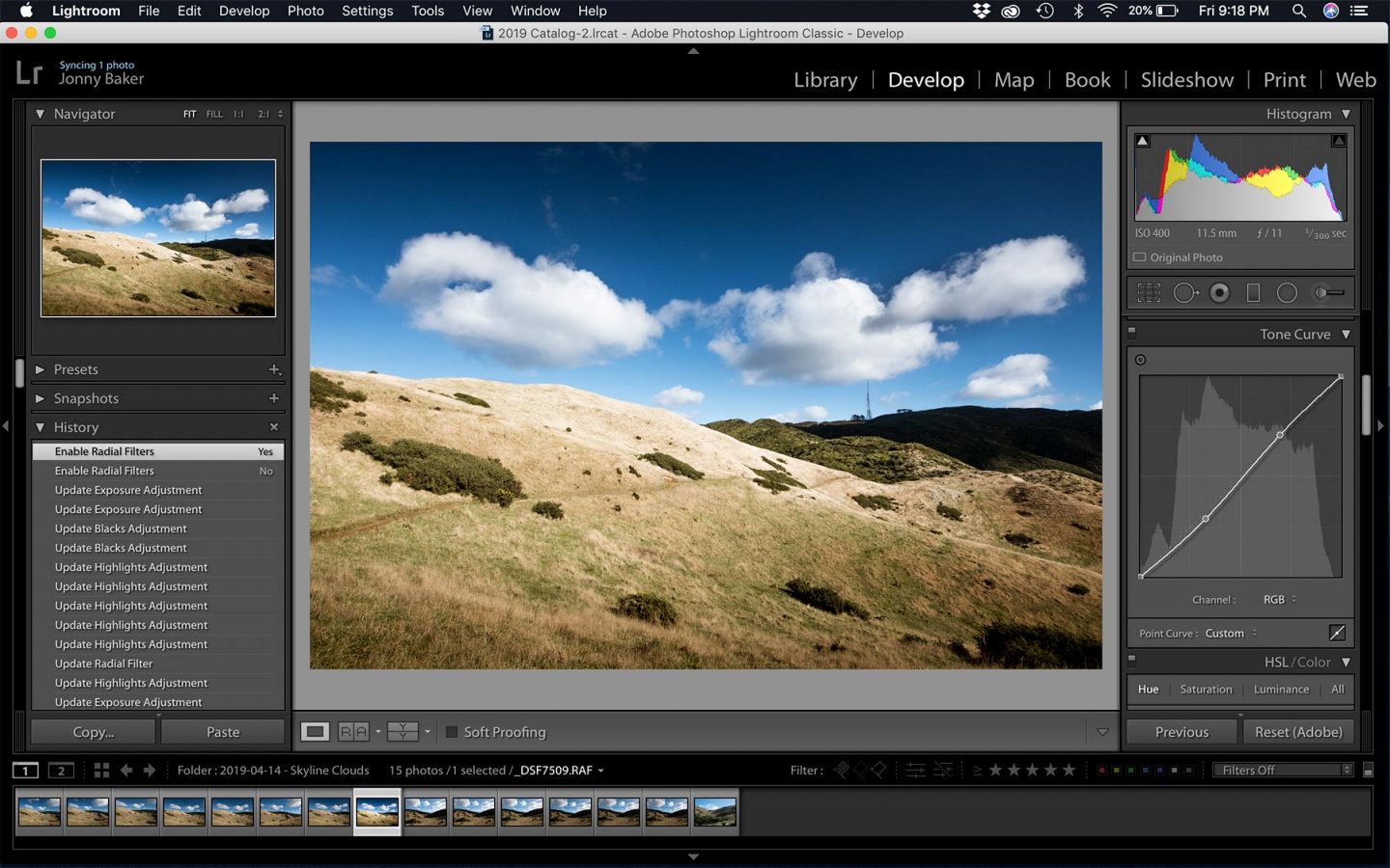 A screenshot of Lightroom Classic CC showing a landscape image being edited using some great Hacks.