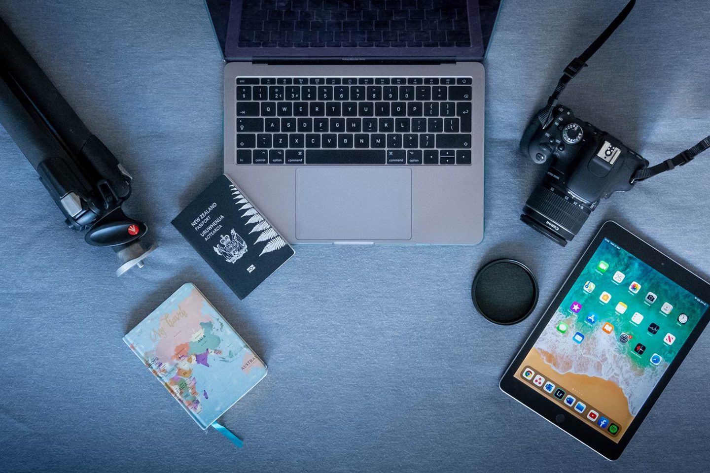 A selection of gadgets and camera accessories that may be included on a Photography equipment list to pack.